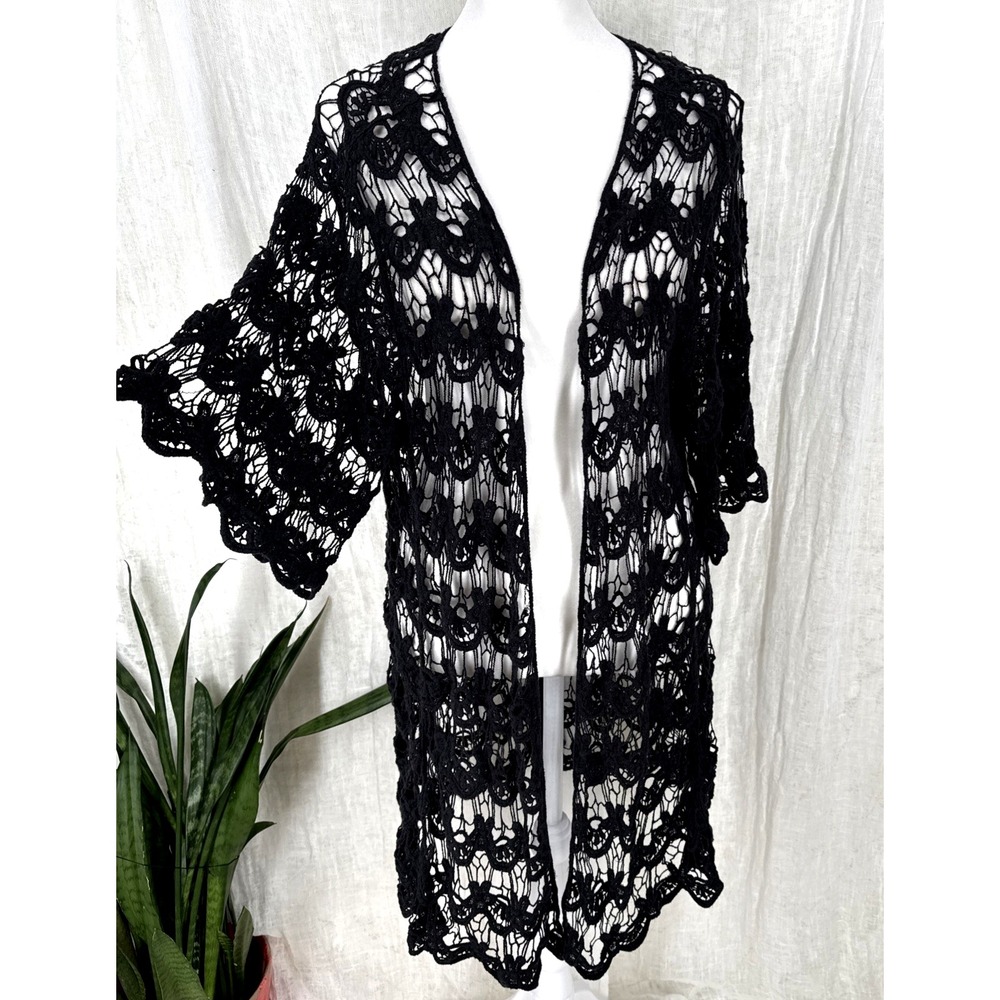Vintage Y2K Crochet Layering Kimono Top M Boho Indie Fairy Grunge Witchy Sheer
